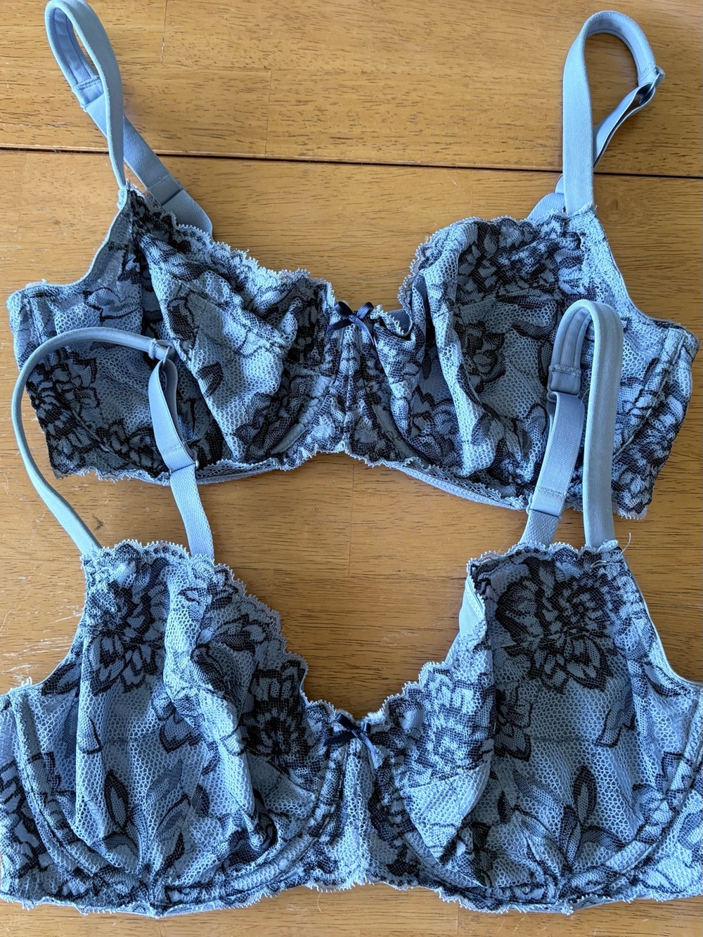 2 Cacique Light Blue Underwire Bra with Black Floral Lace
